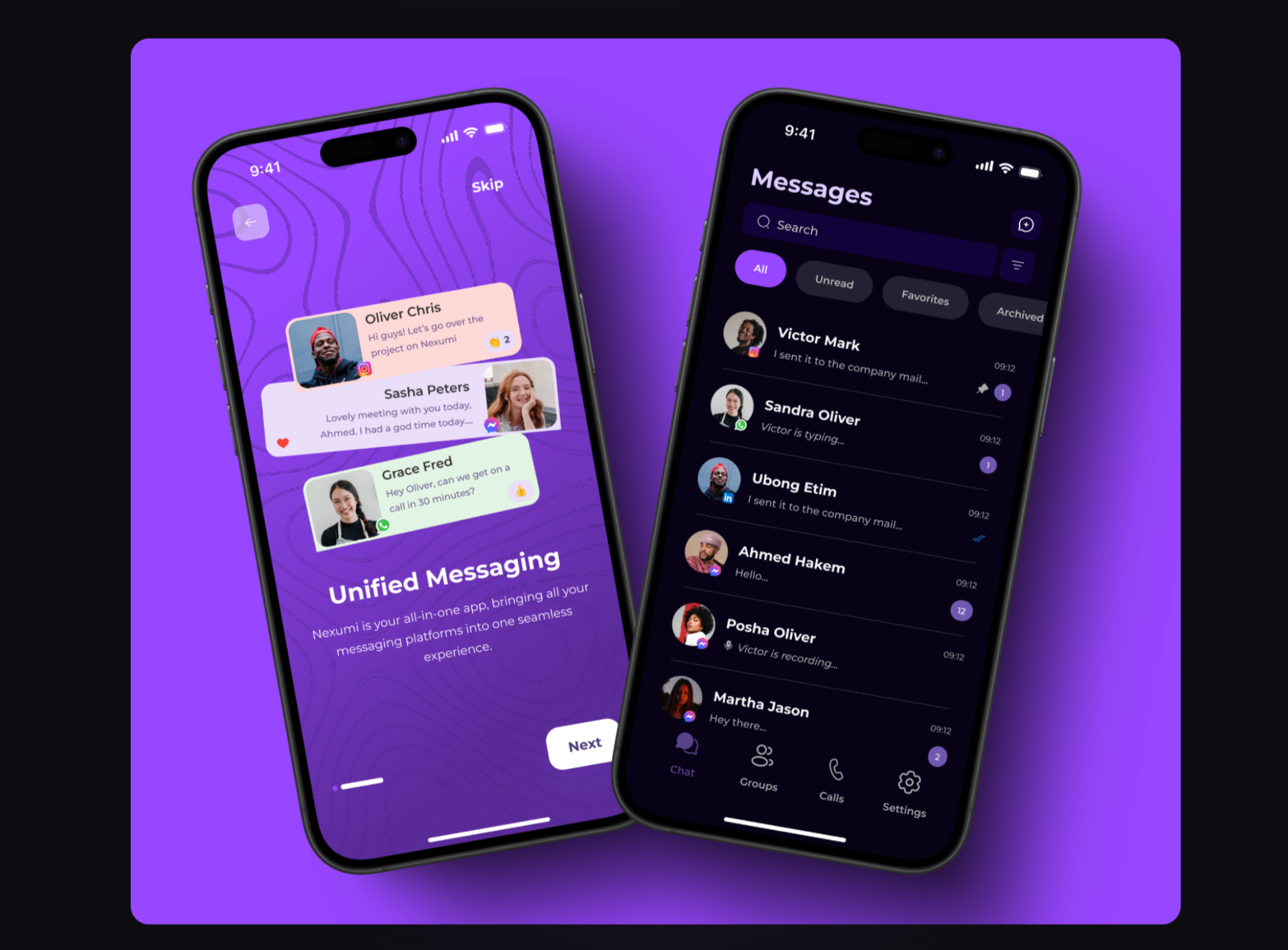 Nexumi App Interface showing unified messaging across platforms